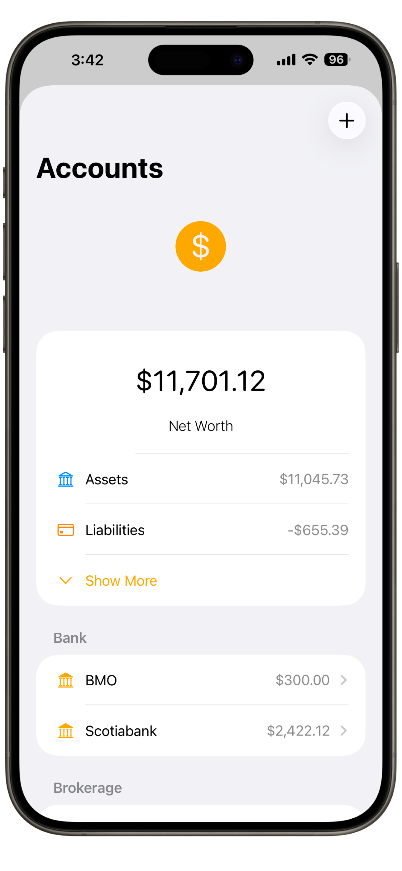 Simple Wallet accounts overview showcasing net worth, assets, liabilities, bank and brokerage accounts