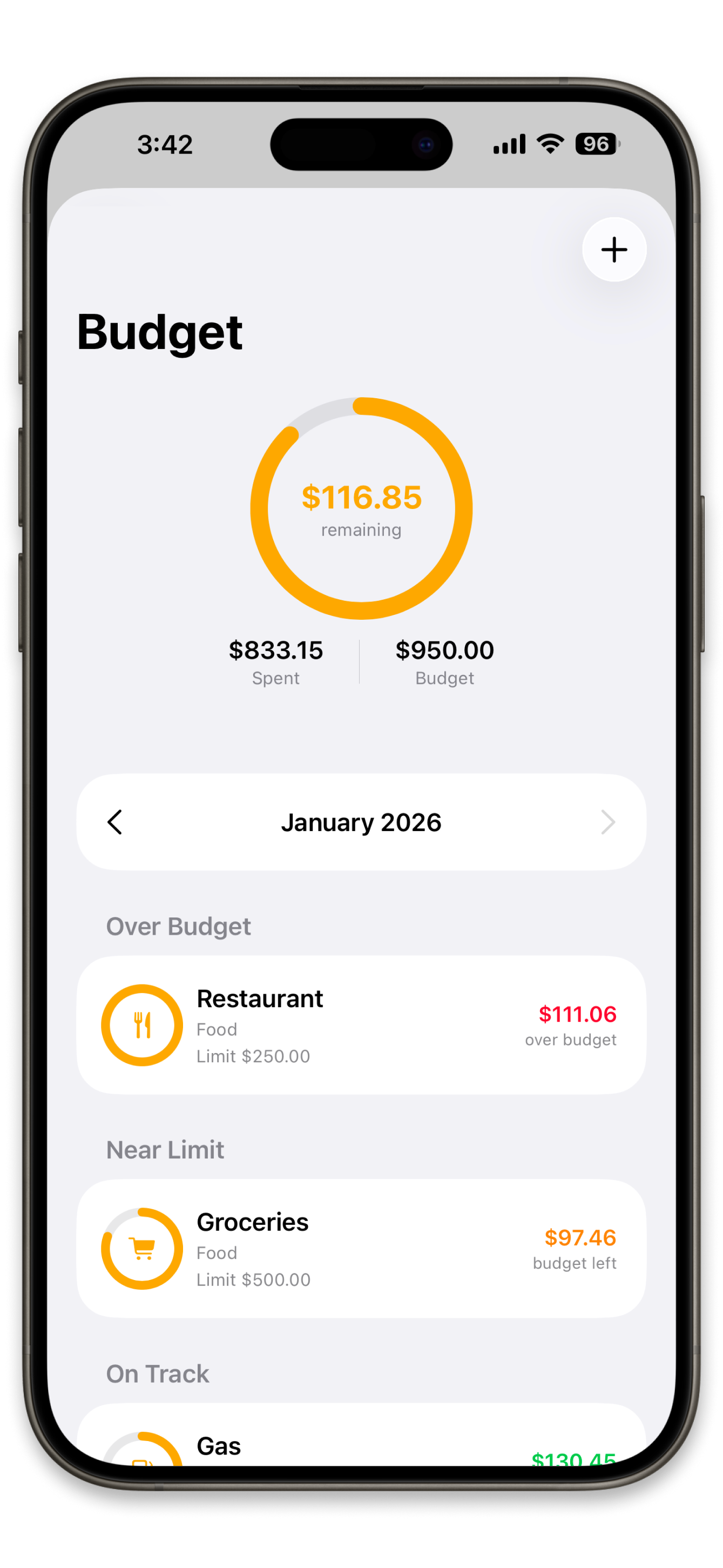 Simple Wallet budget tracking showing spending progress