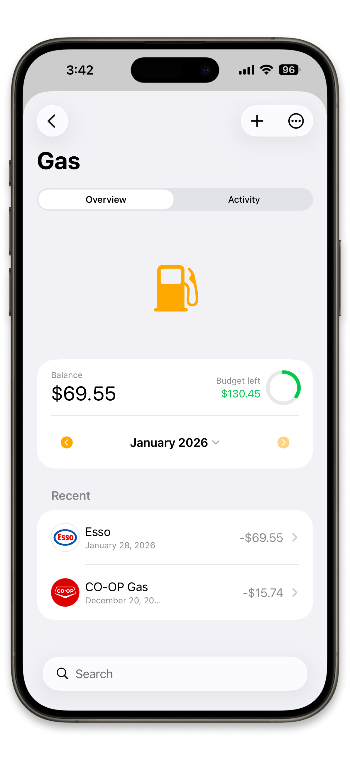 Simple Wallet gas expense tracking and budget