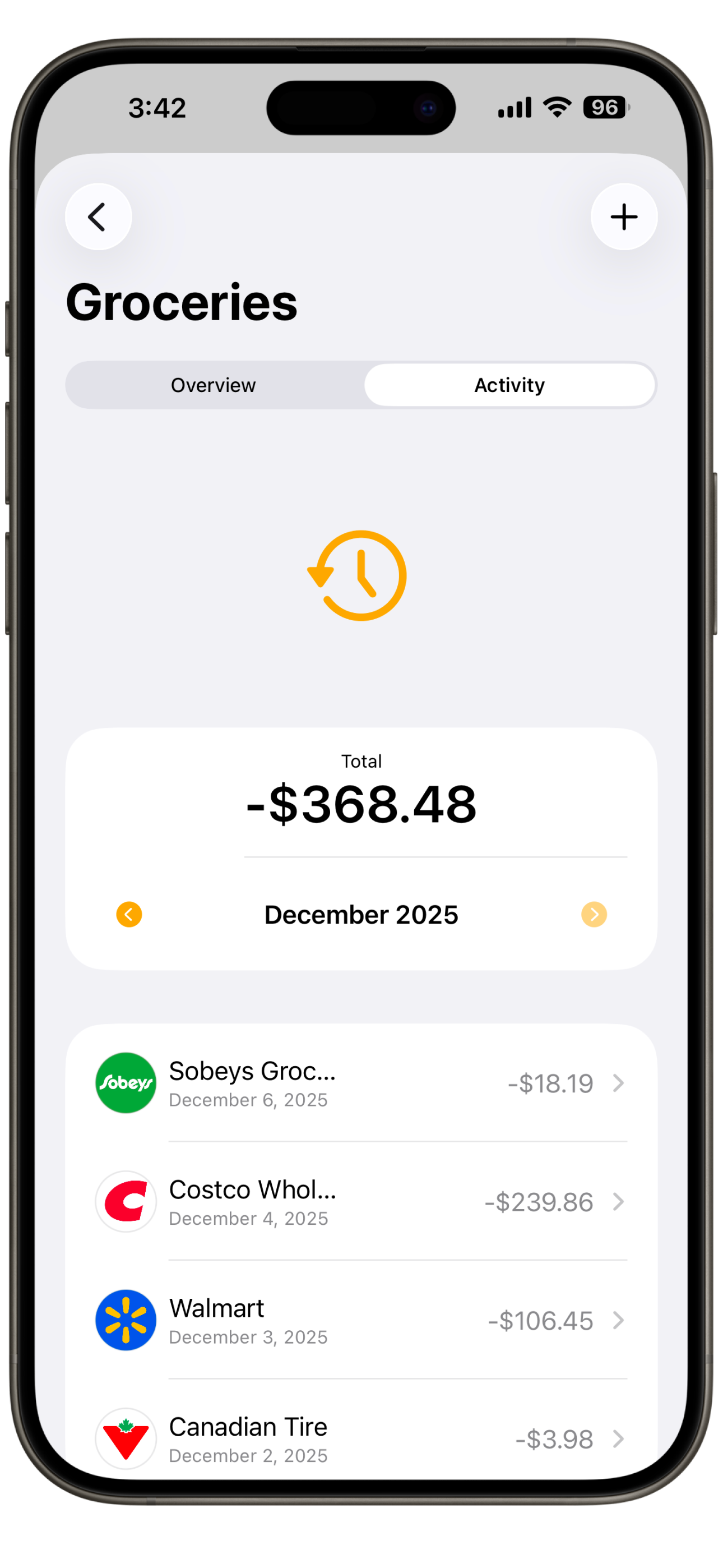 Simple Wallet groceries category details showing December 2025 monthly total of $368.48 with Sobeys, Costco Wholesale, Walmart, and Canadian Tire transactions