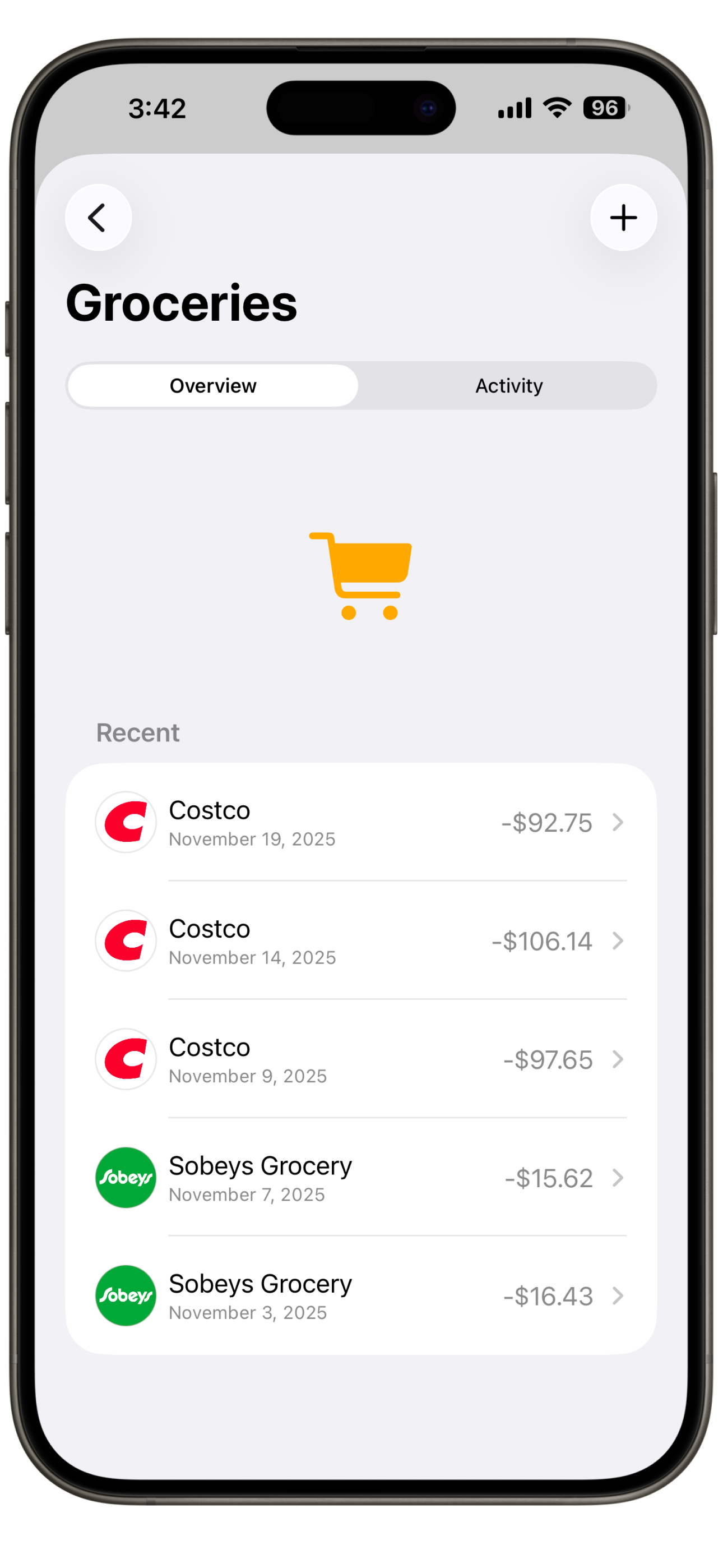 Simple Wallet groceries category showcasing Costco and Sobeys grocery transactions