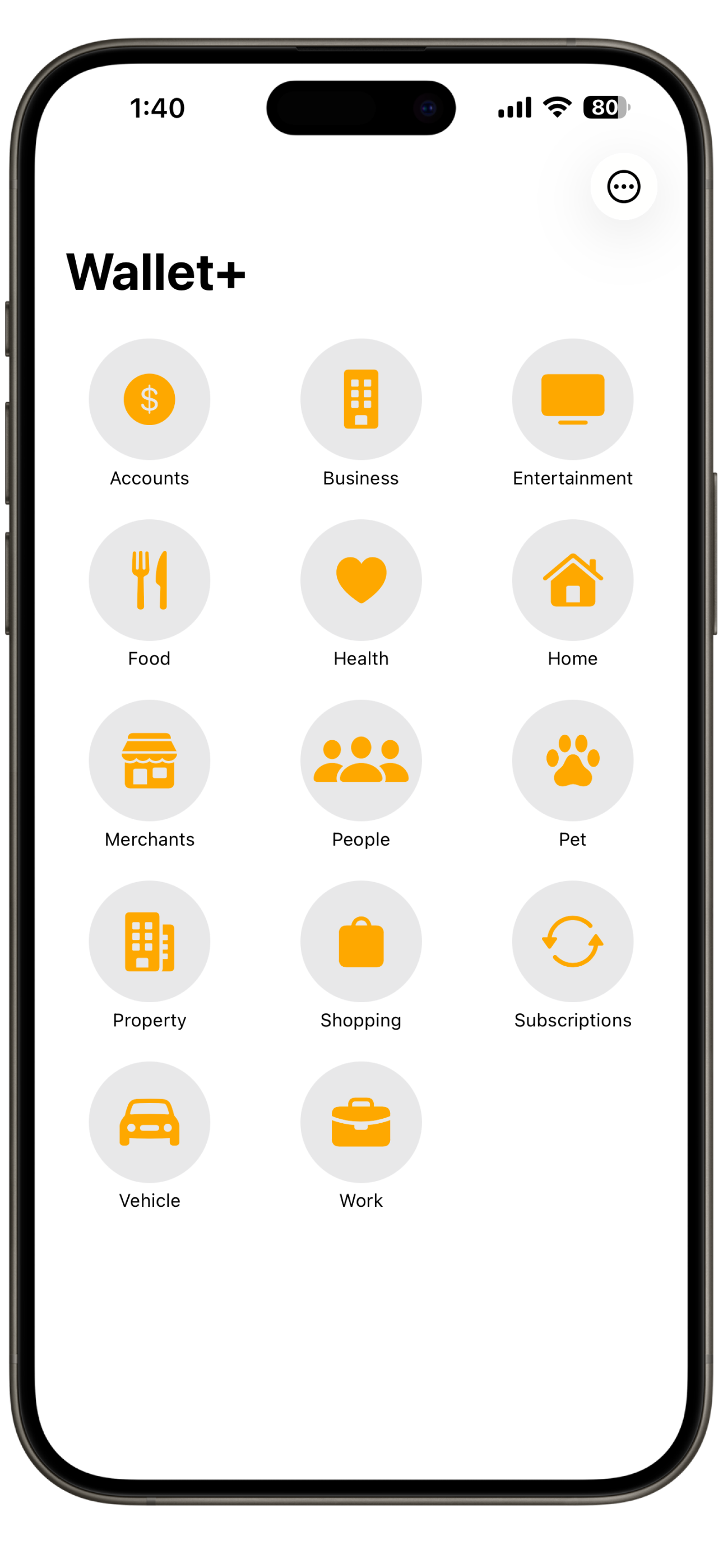 Simple Wallet home screen showing favorite categories to select from