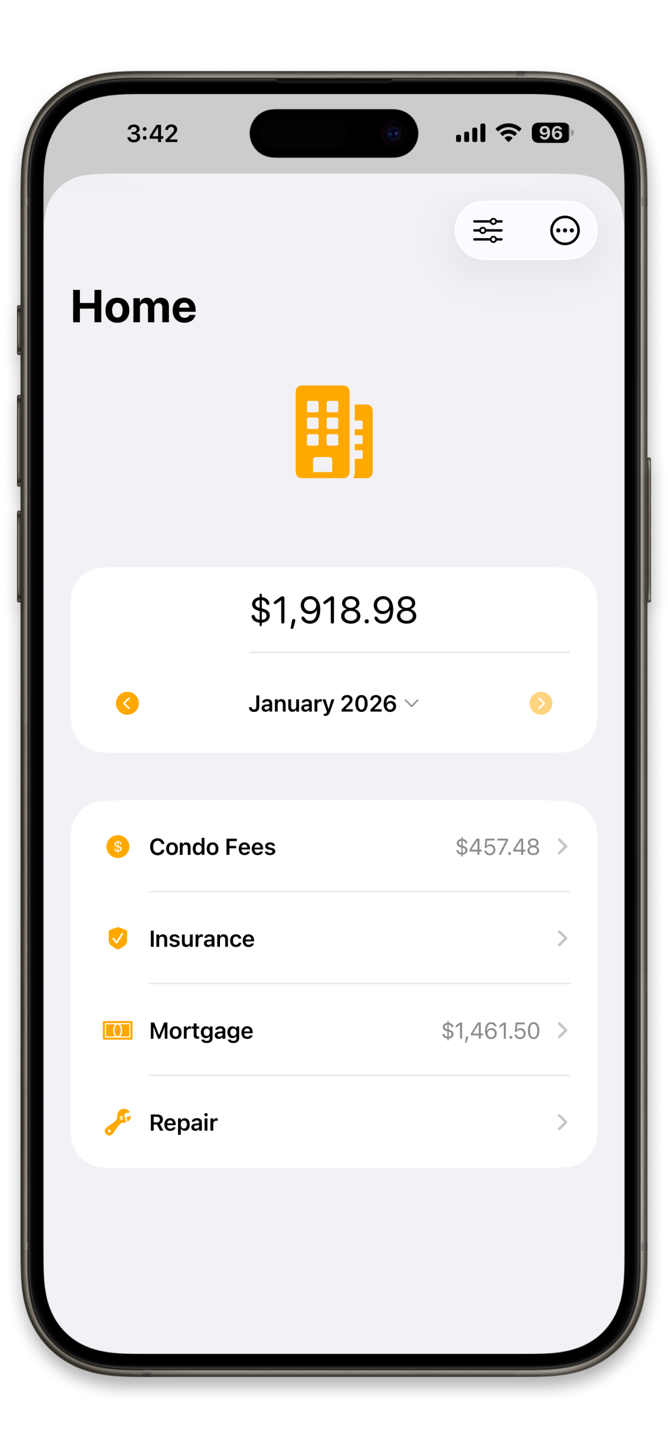 Simple Wallet home tracking showing property expenses overview