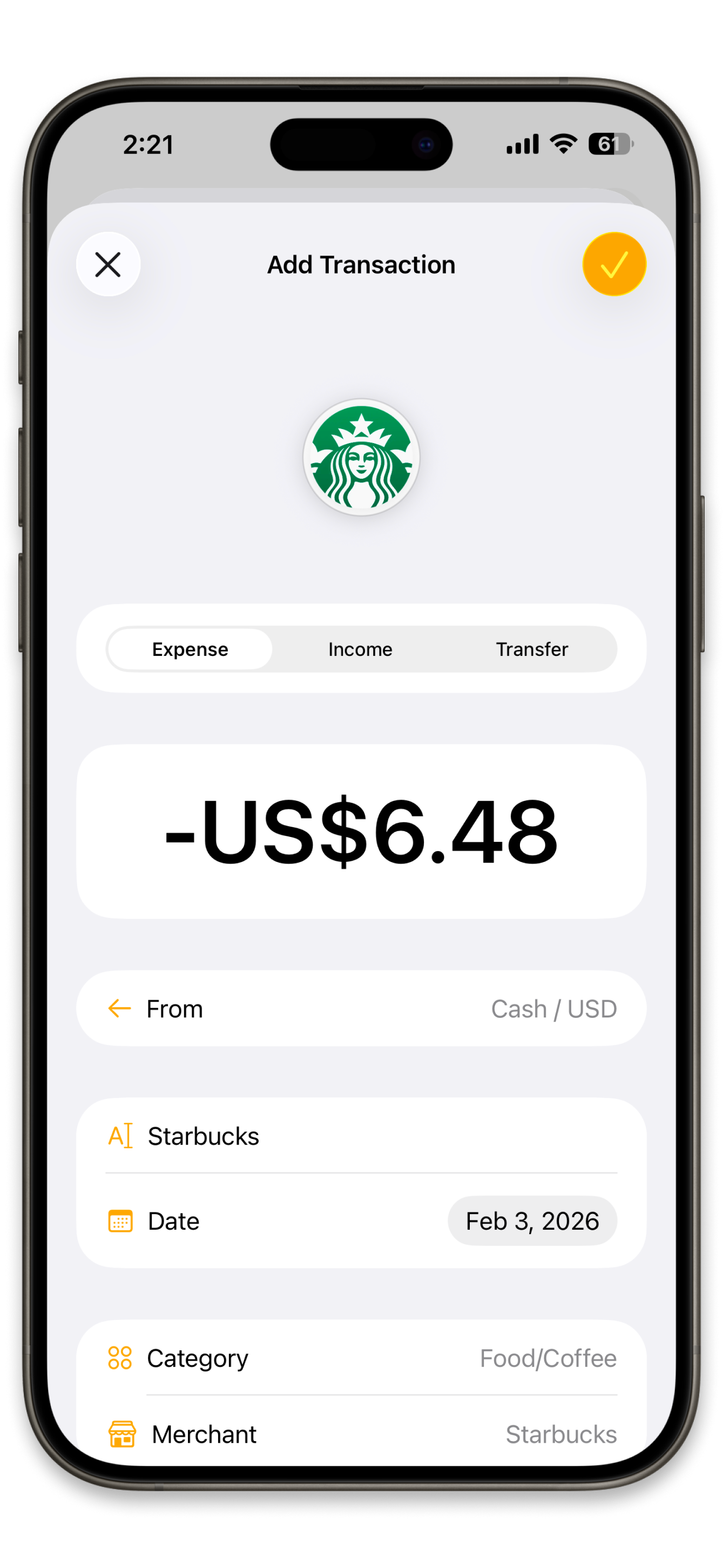 Simple Wallet manual transaction entry with categories, notes, and receipt attachment