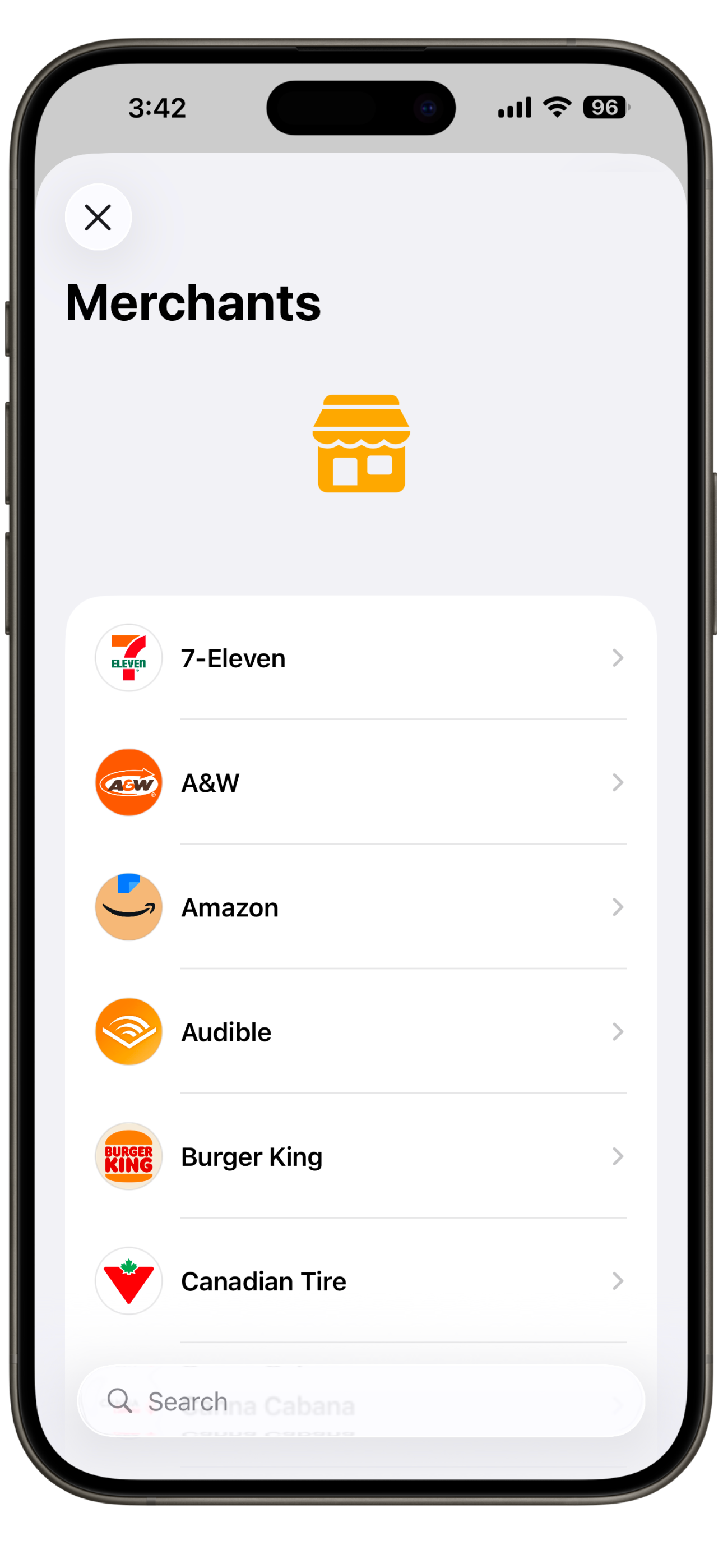 Simple Wallet merchants list showcasing available merchants including 7-Eleven, A&W, Amazon, Audible, Burger King, and Canadian Tire