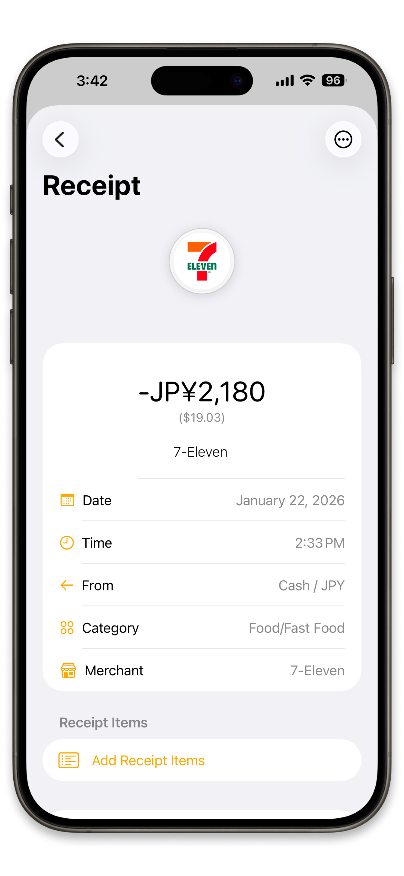 Simple Wallet trip total showing all expenses in one view