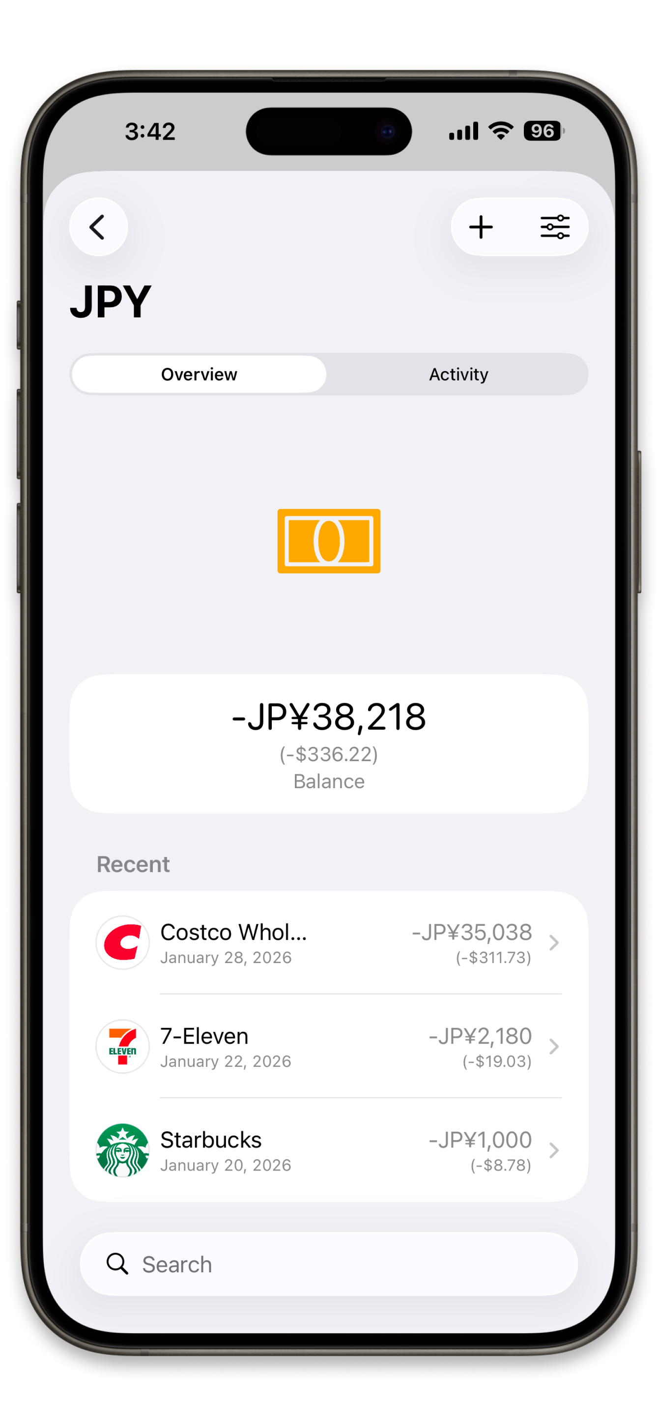 Simple Wallet multi-currency support showing transactions in different currencies