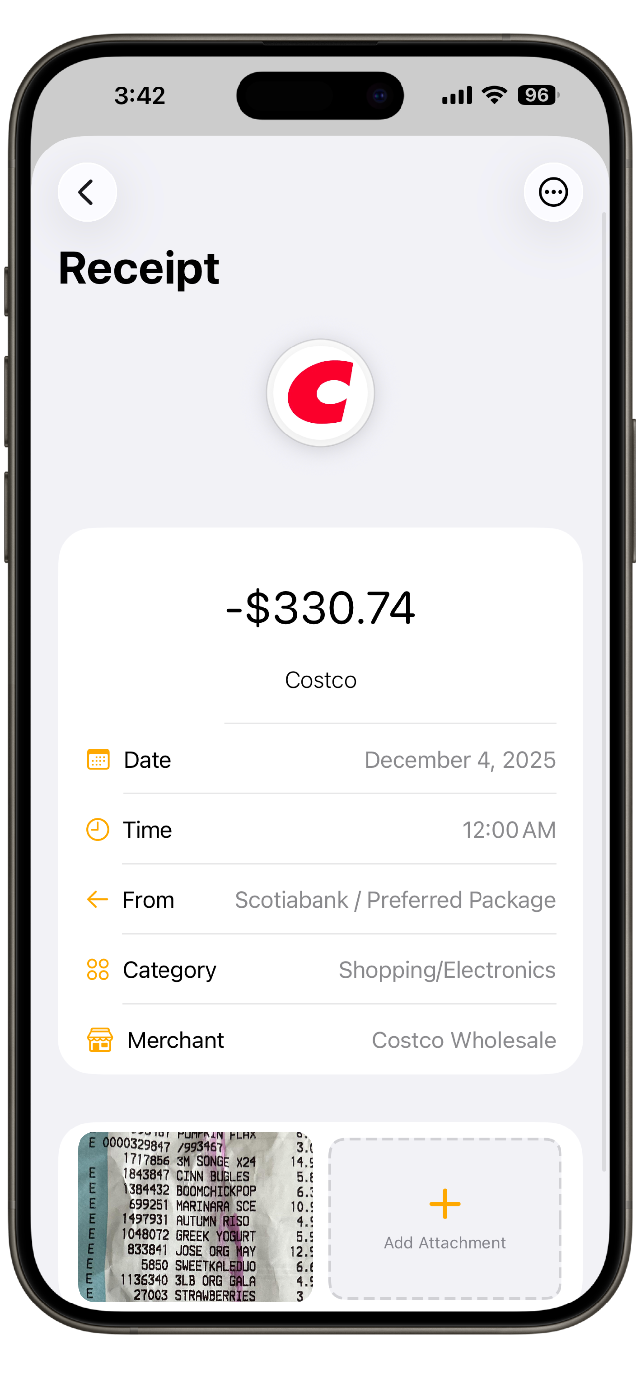 Simple Wallet receipt details showcasing a Costco receipt with date, time, account, category, merchant, and attachment options