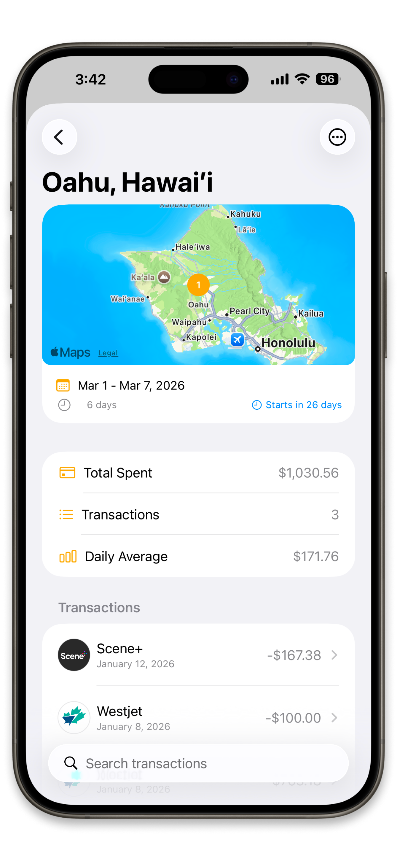 Simple Wallet trip expense tracking showing Hawaii trip expenses