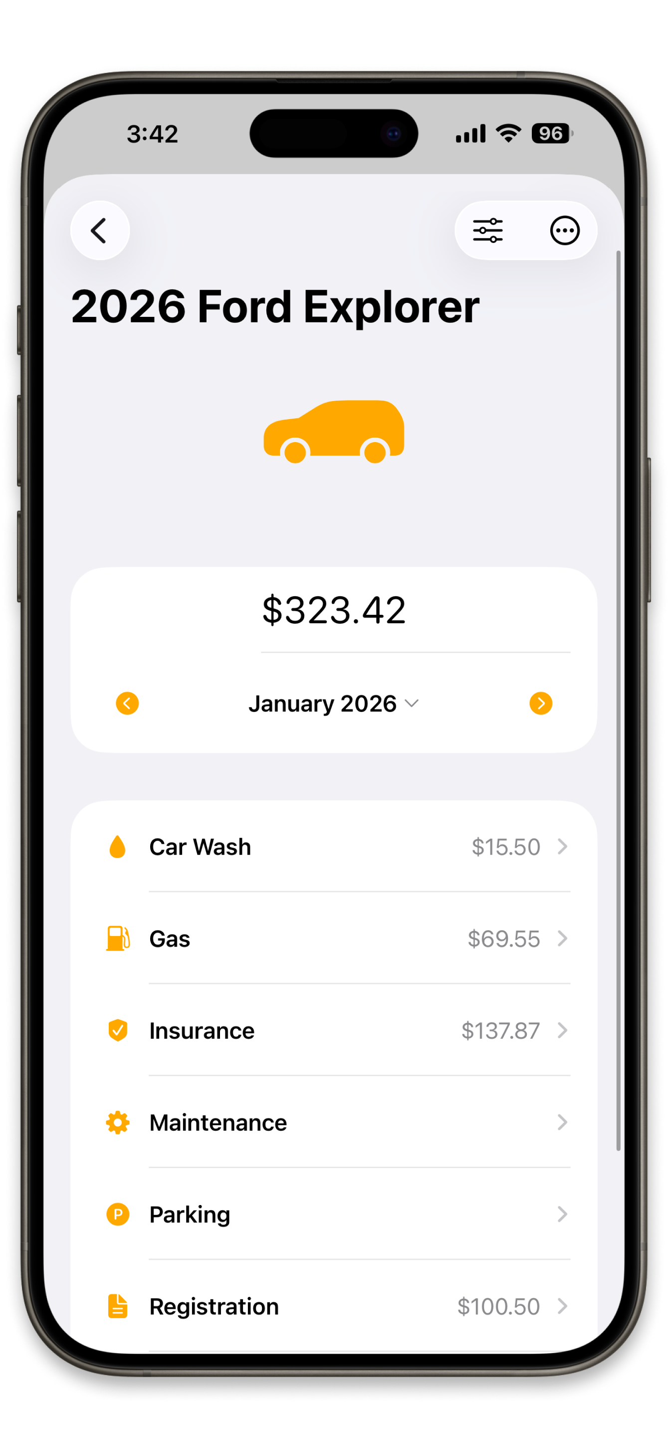 Simple Wallet vehicle expense tracking overview