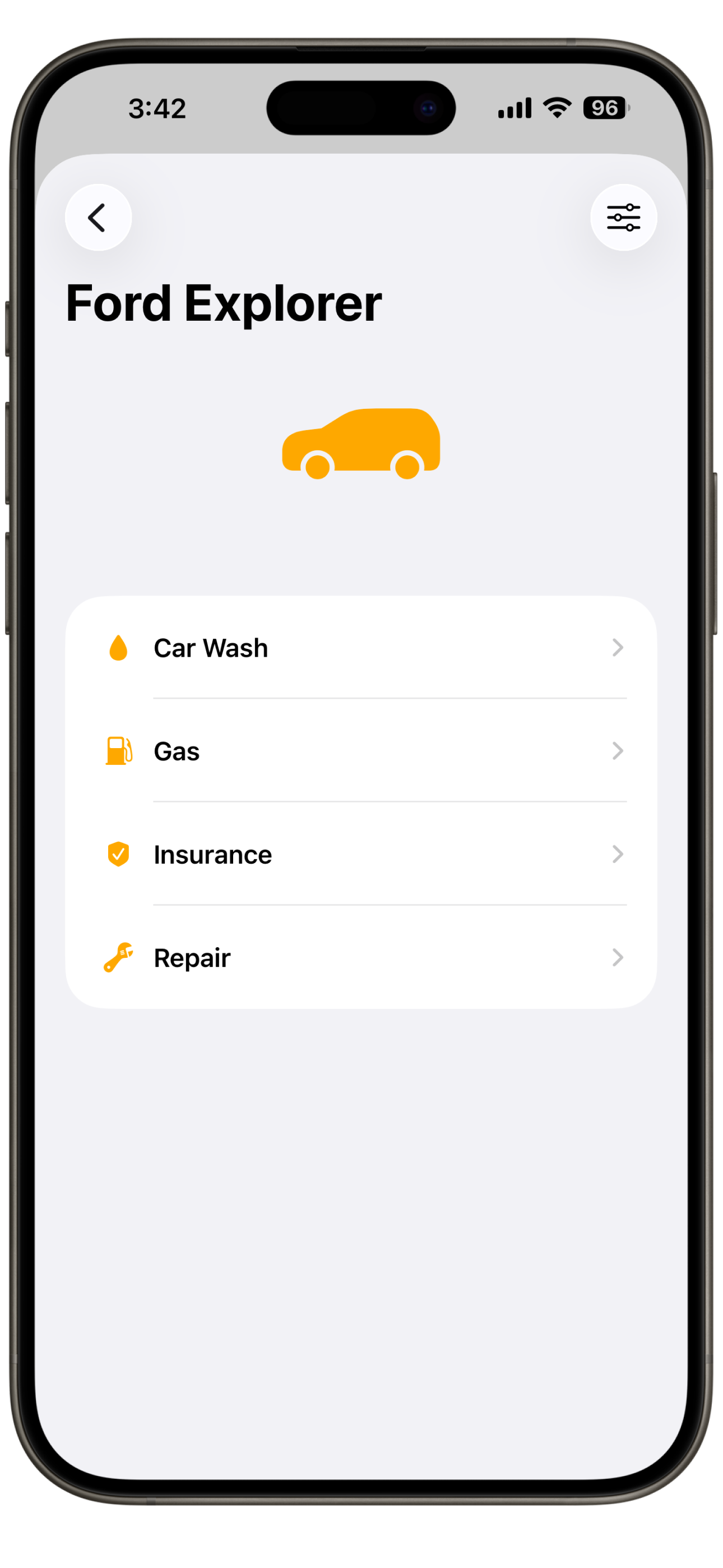 Simple Wallet Ford Explorer vehicle detail view showing Car Wash, Gas, Insurance, and Repair expense categories