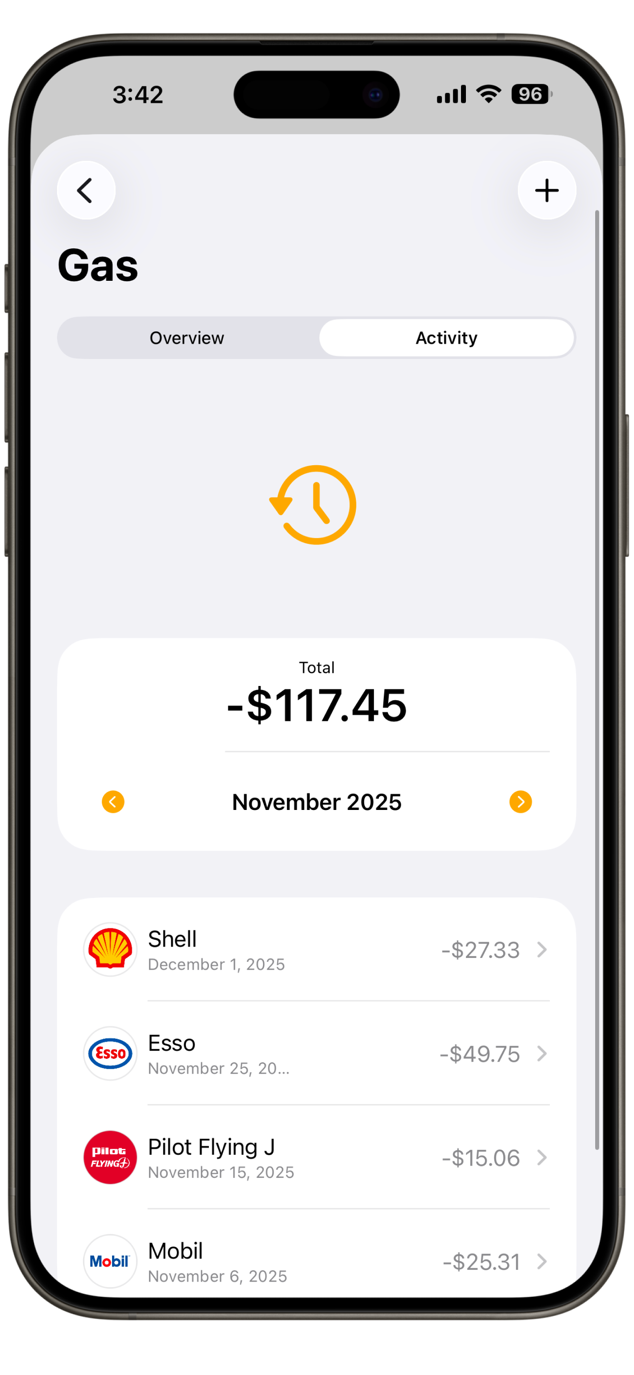 Simple Wallet gas expense tracking showing Shell, Esso, and Mobil fuel purchases